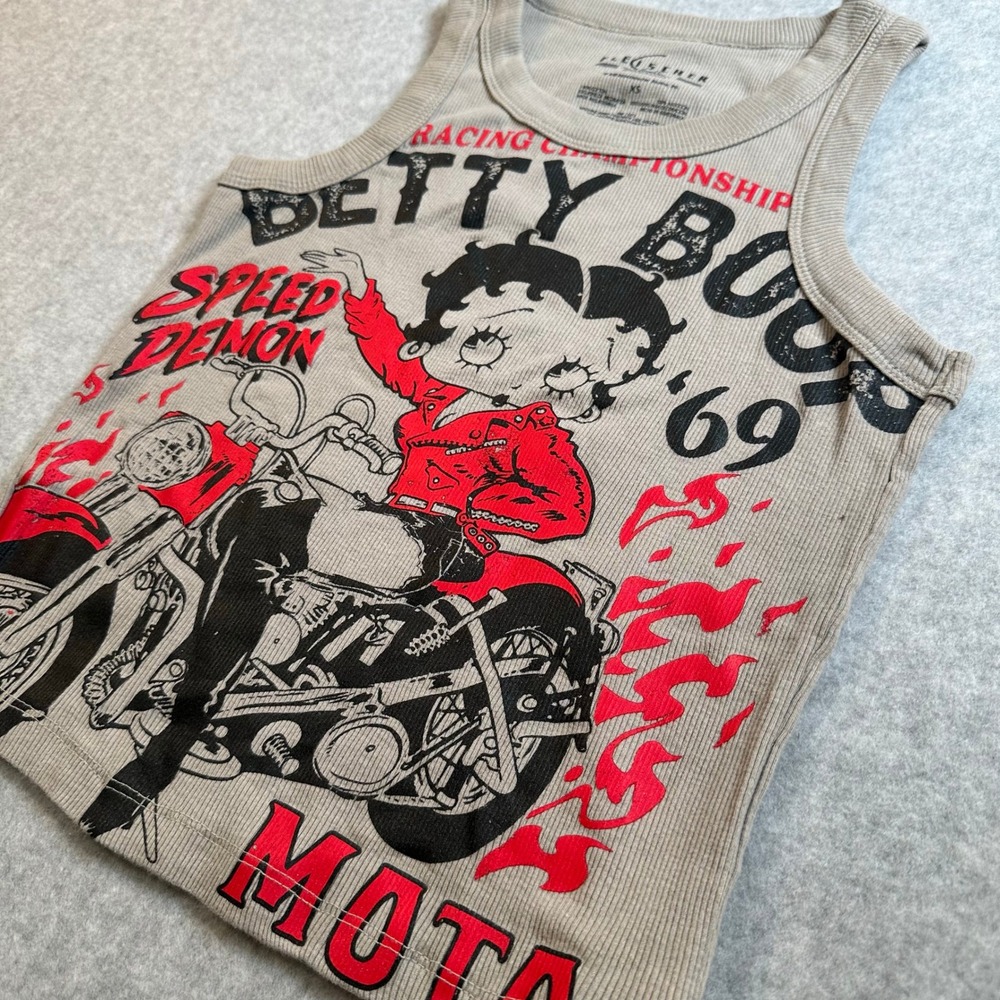 Fleischer Studios Betty Boop Speed Demon Motorcycle Ribbed Tank Top Tan XS
